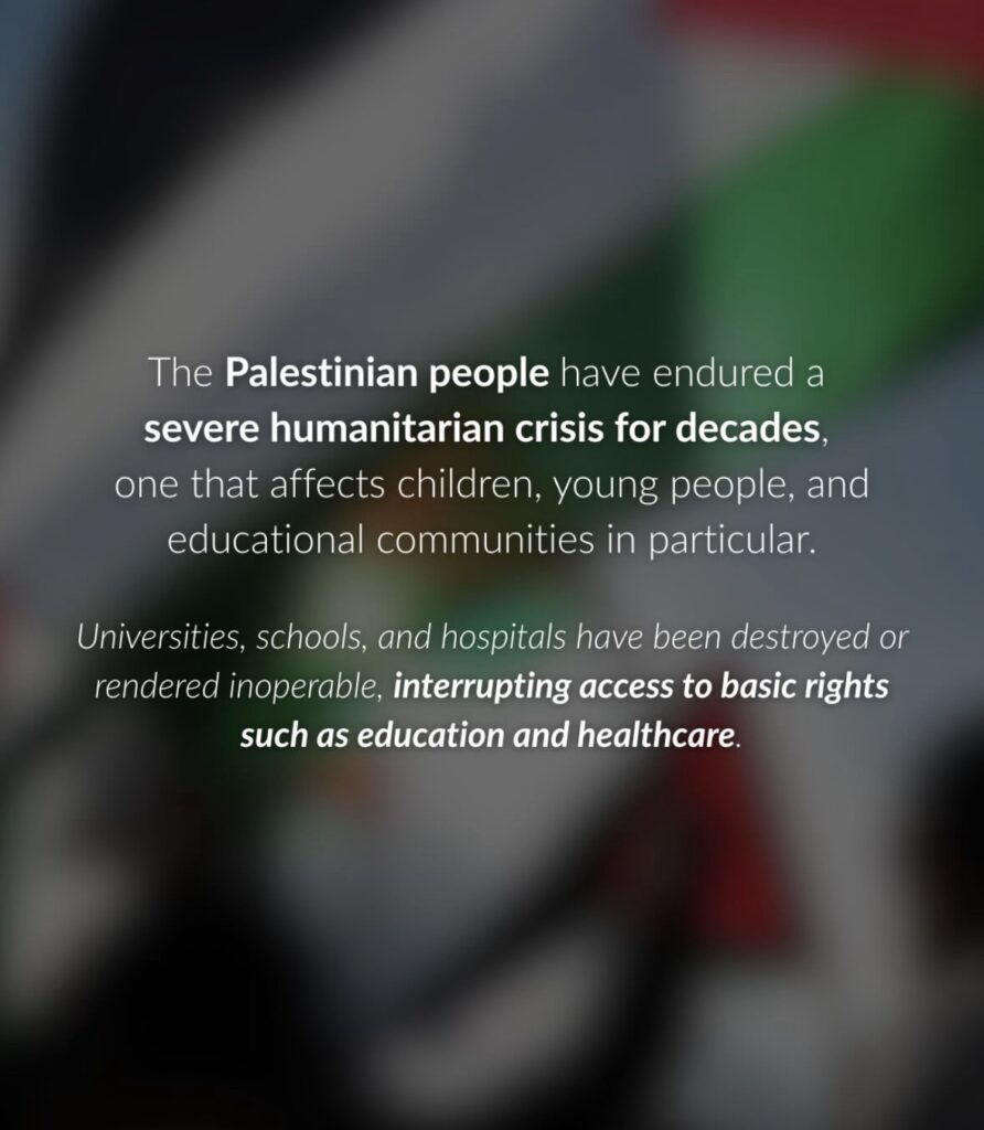 ESN España muestra su posicionamiento sobre el genocidio palestino, fruto de un proceso de reflexión colectiva en la red. La Federación reafirma su compromiso con los derechos humanos, la educación, la paz y la protección de la comunidad estudiantil.